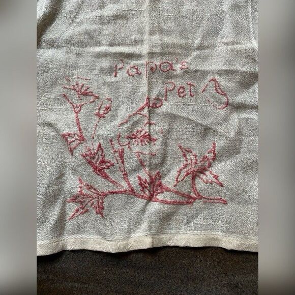 Antique Vintage Baby Girl Bib Cream Silk Linen Pink Embroidered Papa’s Pet - Picture 2 of 4